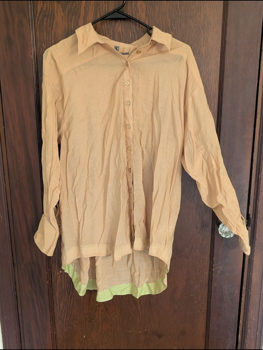 Anthropologie Light Peach Button-Up Blouse with Lime Trim Size Small